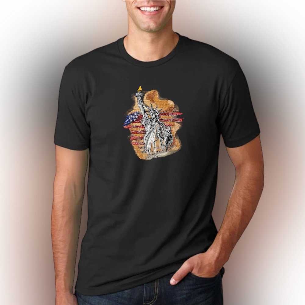 Embroidered Statue of Liberty T-Shirt – USA Flag Patriotic Men’s Tee